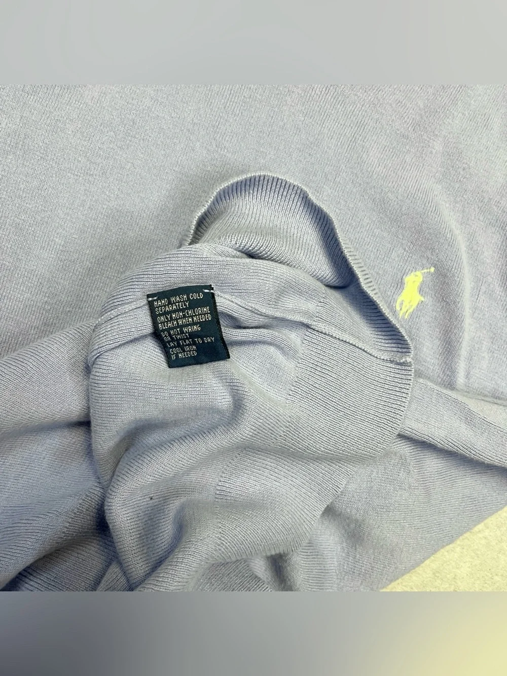 Vintage Polo Ralph Lauren Light Blue Yellow Pony Pima Cotton V-neck Knit Sweater